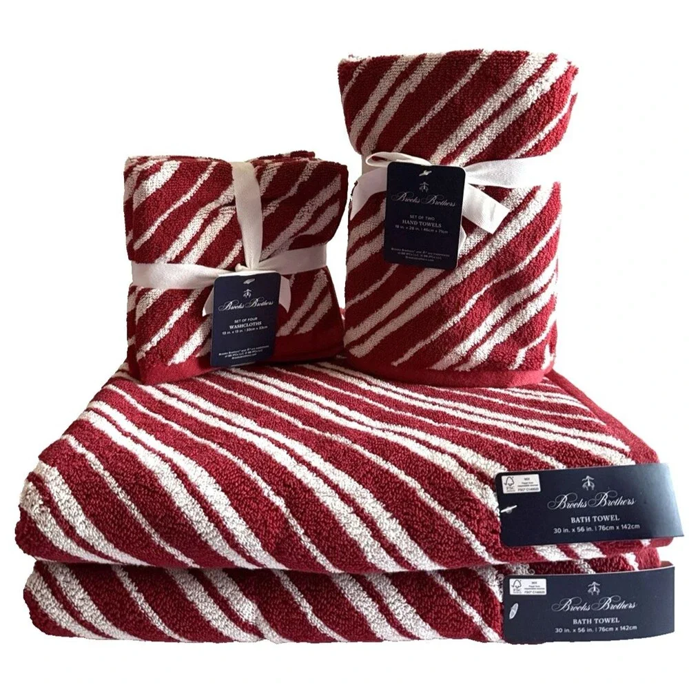 Brooks Brothers Luxury Christmas Candy Cane Stripe 8 Piece Bath Towel Set Cotton